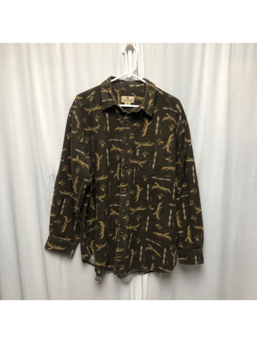 Woolrich Shirt Mens Size XL Brown Canoe Fish Print Cotton Button Up